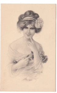 A/S Frederick Manning Illustrated Vintage Postcard of Lovely Lady Holding Roses - Picture 1 of 2