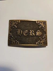 A.J. Dezy 1975 Vintage 2"x3" Rectangular Brass Belt Buckle "HERS" - Picture 1 of 4