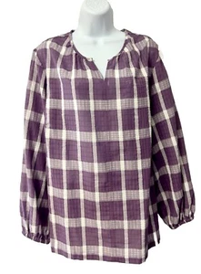 CJ Banks Women’s 1X Top Blouse Purple Plaid Long Sleeve Peasant V-Neck - Picture 1 of 3