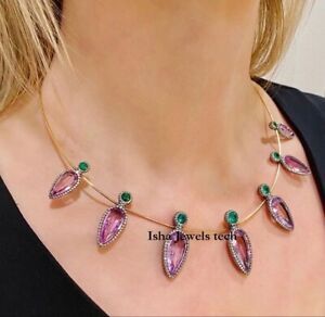 Necklace Natural RoseCut Diamond &Amethyst Emerald 925 Sterling Silver Necklace