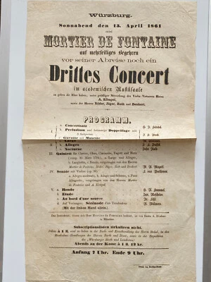 Musiksaal  Würzburg  - Mortier de Fontaine  - seltener original Flyer um 1861 - Bild 1 von 2
