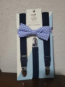 Class Club Boys Neck Wear Bow Tie & Suspender Set in Blue White #S34QL161 NWT - Picture 1 of 2