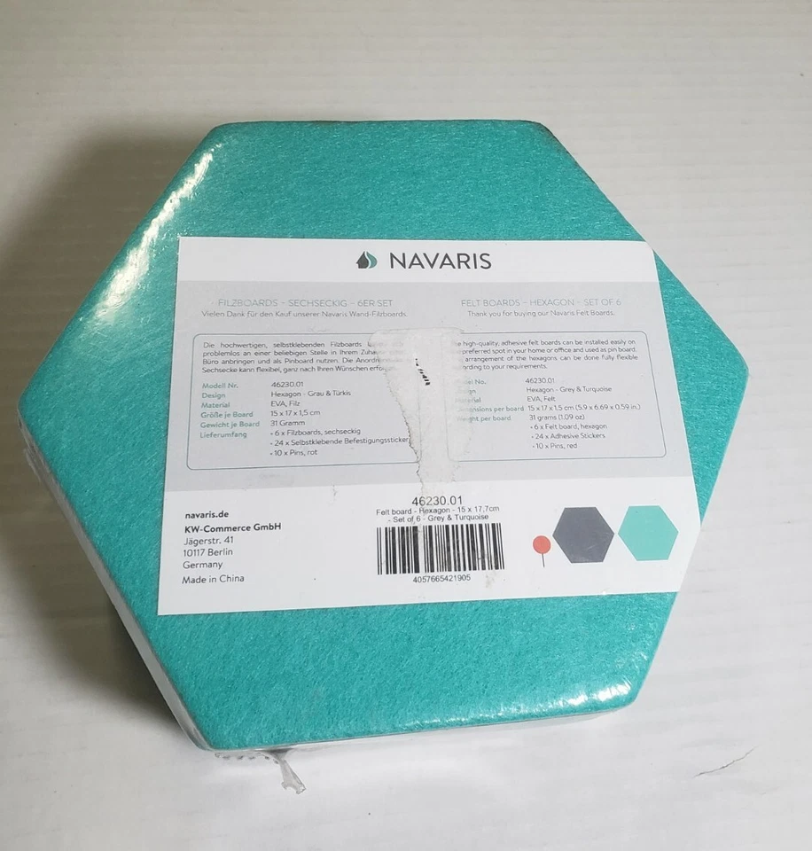Navaris Hexagon Felt Board Tiles 6ct Memo Bulletin BoardsW/Pushpins 5.9 x 7in - Image 1 of 1