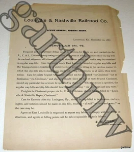 LOUISVILLE & NASHVILLE RAILROAD COMPANY 1887 ORIGINAL FREIGHT AGENT CIRCULAR 75 - Picture 1 of 1