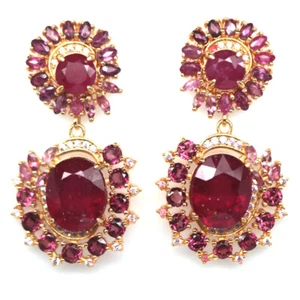 925 Sterling Silver 9 x 11 mm. Red Ruby, Rhodolite & Sapphire Earrings - Picture 1 of 4