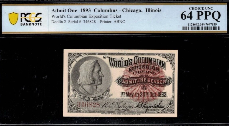 1893 Exposition Ticket - World Fair Columbus - Chicago, Illinois PCGS 64PPQ - Image 1 of 2
