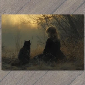 TARJETA PLANA Niña Gato Negro Extraño Mascota Espeluznante Viejo Ambiente Inusual Lindo Terror Extraño Diversión - Imagen 1 de 1