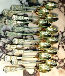 Set of 12 Hallmarked Solid Silver Vermeil Tea Coffee Spoons, French Silverware - Picture 1 of 10
