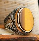 Tiger Eye Oval Flat Stone Solid 925 Sterling Silver Men Ring