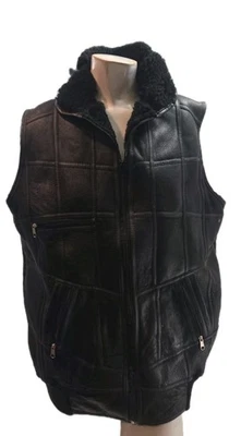 Men's Lamb Shearling Vest Black Leather Sleeveless Full Zip Fur Biker - Image 1 of 4