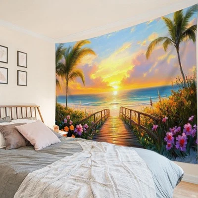 Tapiz costero playa paisaje atardecer flores silvestres para dormitorio sala dormitorio dormitorio Foto 1 de 4
