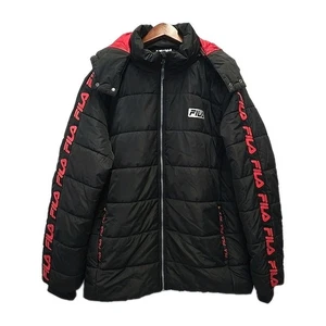 FILA Mens Puffer Insulated Hooded Parka Coat Sz L Logo Y2k Retro Black Red WARM - Picture 1 of 10