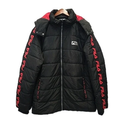 FILA Mens Puffer Insulated Hooded Parka Coat Sz L Logo Y2k Retro Black Red WARM - Image 1 of 4