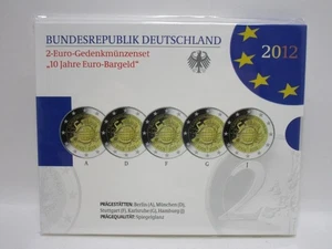 Juego de monedas - 2 € juego de monedas conmemorativas 2012 ADFGJ "10 J. euros en efectivo" PP en bl.  GS8289 - Imagen 1 de 2