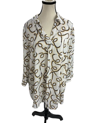 Blusa Anne Klein Mujer Talla L Blanca Manga Larga Botón Frontal Cadena Estampado Top Foto 1 de 4