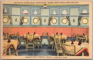 LYNNFIELD, Massachusetts Postkarte SCHIFFE HAFEN RESTAURANT "Speisesalon" LEINEN - Bild 1 von 2