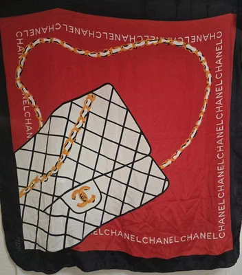 VINTAGE COCO CHANEL GOLD CHAIN ELEGANT 100% SILK SCARF RED BLACK IVORY LUXURIOUS - Image 1 of 4