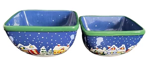 Temptations Snowy Night Ovenware Lot of 2 Christmas Nesting Square Bowl Blue - Picture 1 of 12