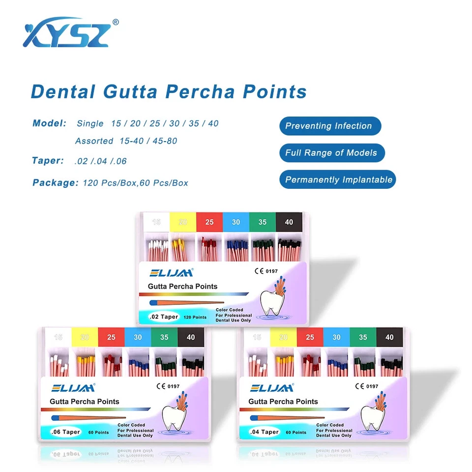 牙科 Gutta Percha Points Endo 0.02/.04/.06 锥适用于根管 15-40 45-80 全新 — 第 1/4 张图片