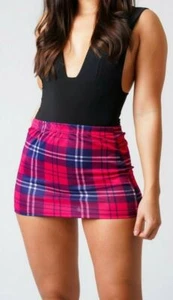 Women's Pink Tartan Skirt Stretchy Fitted Mini Skirt Checked High Waist Pleated - Picture 1 of 8