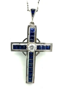 MAGNIFIQUE COLLIER OR 18 CARATS - Croix en saphirs et diamant 0,50 carat -13,29g - Foto 1 di 4