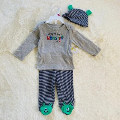 Conjunto de 3 piezas para bebé niño 12 meses conjunto de regalo mamá bebé monstruo sombrero pantalones top Foto 1 de 4