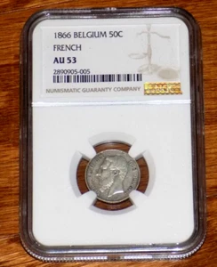 1866 Belgium 50 Centimes Silver Coin Graded NGC AU 53 50C French Version - Picture 1 of 5