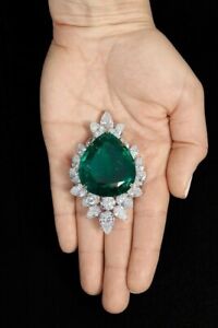 Women's Cluster Brooch With Huge Pear Shape Pine Green Stone In 925 Solid Silver