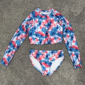 Girls Cat & Jack Patriotic Red White Blue Stars Long Sleeve Swimsuit L 10/12 - Picture 1 of 2