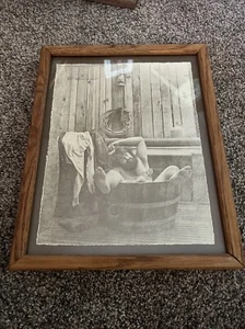 R. Hendrickson Framed Sepia Print Nude Drunk Cowboy In Hot Tub 1960s 70's - Picture 1 of 2