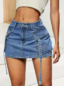 Women's Chic Cargo Denim Mini Skirt, Casual Style, Washed Blue, High-Waisted Wit - Picture 1 of 5
