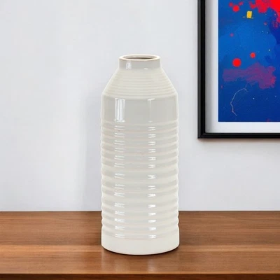 Tischvase 15 Zoll weiß gerippt Zylinder Terrakotta - Bild 1 von 4