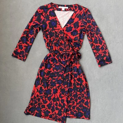 Diane Von Furstenberg Wrap Dress Womens 2 Red Blue Floral 100% Silk Julian Two - Image 1 of 4