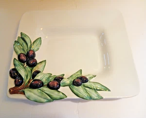 Vintage Italian Pottery Trompe L'oeil Majolica Olive Branch Platter 12.5" x 11" - Picture 1 of 11