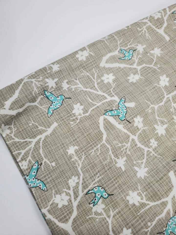 Kate & Birdie Fabric Birds Twigs Moda Cotton Taupe Aqua Quilt Sew ONE YARD  - Image 1 of 1