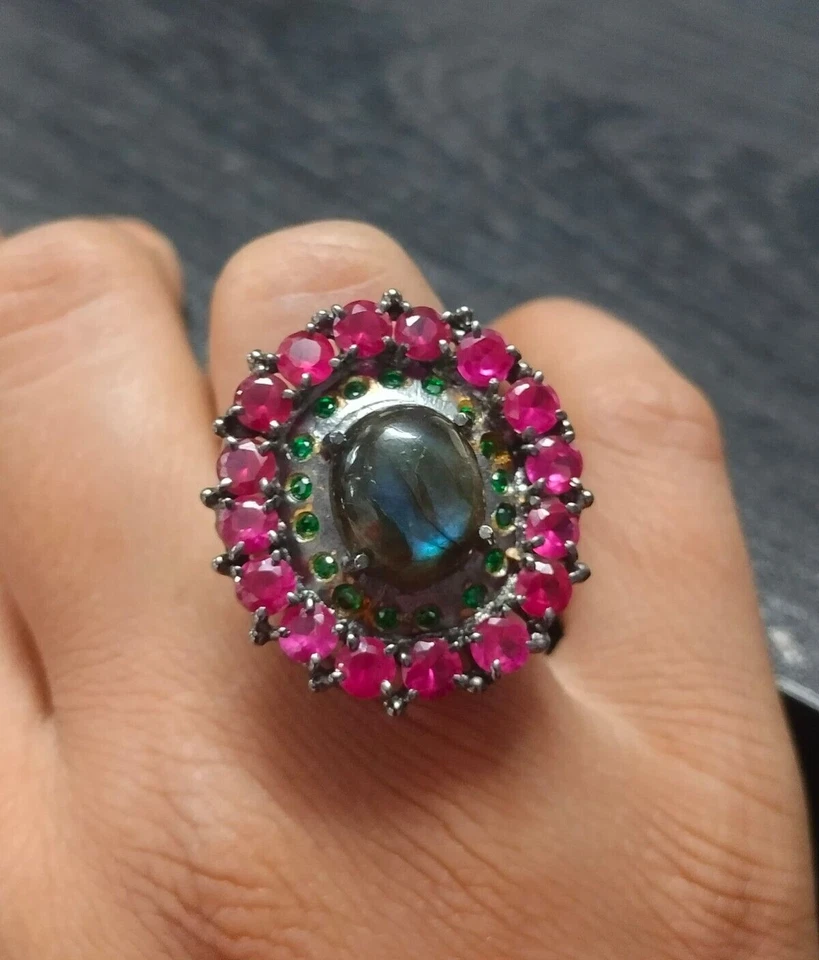 Gemma ovale in labradorite rubino cromato diopside argento sterling 925... - Immagine 1 di 1