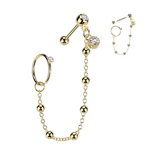 Double piercing cartilage oreille acier doré chaine et anneau billes - Picture 1 of 1