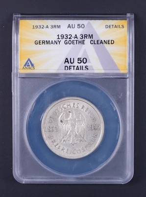 1932-A 3RM Germany Weimar Hindenburg Silver ANACS AU50 Details Cleaned REB007 - Image 1 of 2