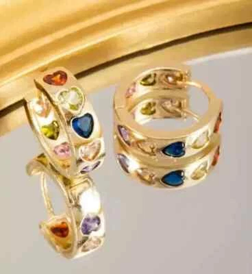 14K Yellow Gold Plated Women's Hoop Earrings 2Ct Heart Cut Lab Created Sapphire! - Image 1 of 2