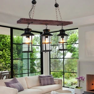 Industrial Wood Chandelier Vintage 3-Lights Pendant Light Ceiling Lamp Fixtures - Picture 1 of 24