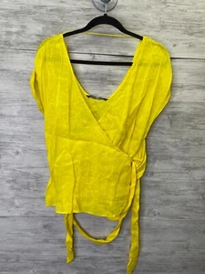 Zara Linen Top Size S Womens Yellow Short Sleeve V Neck Wrap Waist Tie - Picture 1 of 9