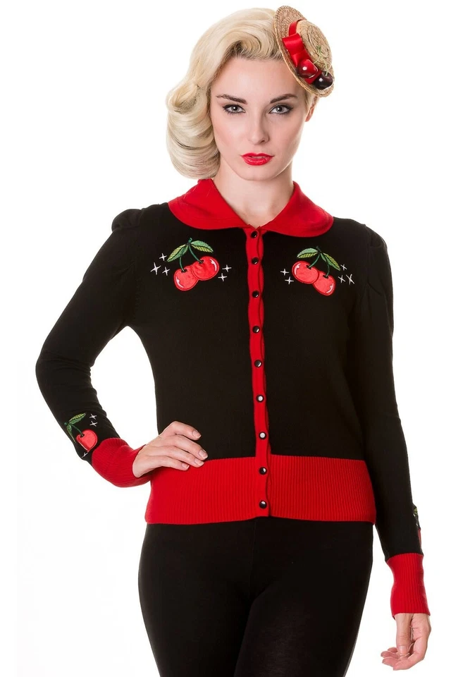 BANNED Apparel Rockabilly Punk Gothic Pin Up Red Black Vintage Cherry Cardigan - Image 1 of 1