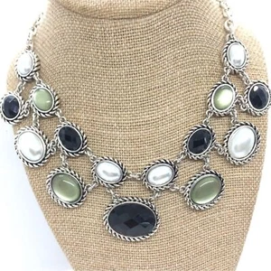 DANA BUCHMAN GREEN BLACK PEARL CABOCHON NECKLACE BIB COLLAR SILVER TONE REGAL - Picture 1 of 12