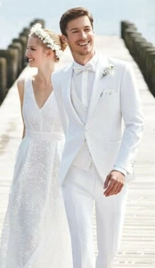 White Men Suit Slim Fit Party Dinner Prom Formal Groom Tuxedo Wedding Custom - Picture 1 of 9