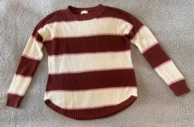 SO Brown White Striped Womens L Thermal Waffle Knit Long Sleeve Acrylic Sweater - Image 1 of 4