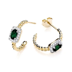 9ct Gold on Silver simulated Emerald & CZ Crystal Halo Huggie Cuff Stud Earrings - Picture 1 of 6