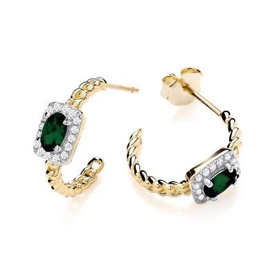 9ct Gold on Silver simulated Emerald & CZ Crystal Halo Huggie Cuff Stud Earrings - Image 1 of 4