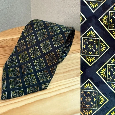 Corbata italiana impresa azulejo flor garabateado abstracto de seda Brioni - negra, amarilla OS Foto 1 de 4