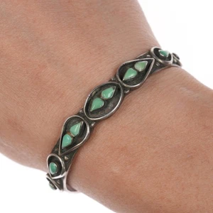 6.12" 50's-60's Zuni silver row cuff bracelet with turquoise - Picture 1 of 8
