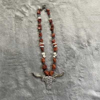 Collar Artesanal Tono Plata Naranja Blanco Piedra Cuentas Texas Longhorn Imitación Cristal Foto 1 de 4